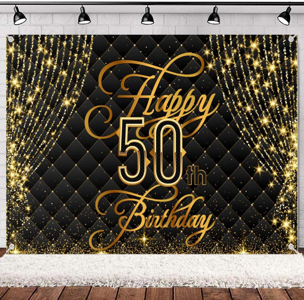 

Happy 50th Birthday Banner Photography Backdrop Royal Curtain Black Gold Background 50 Years Old Bday For Women Men Party Decor