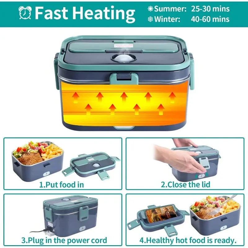 Electric Lunch Box Food Heated Portable Food Warmer Heater for Car/Home Self Heating Box with1.8L 304 Stainless Steel Container