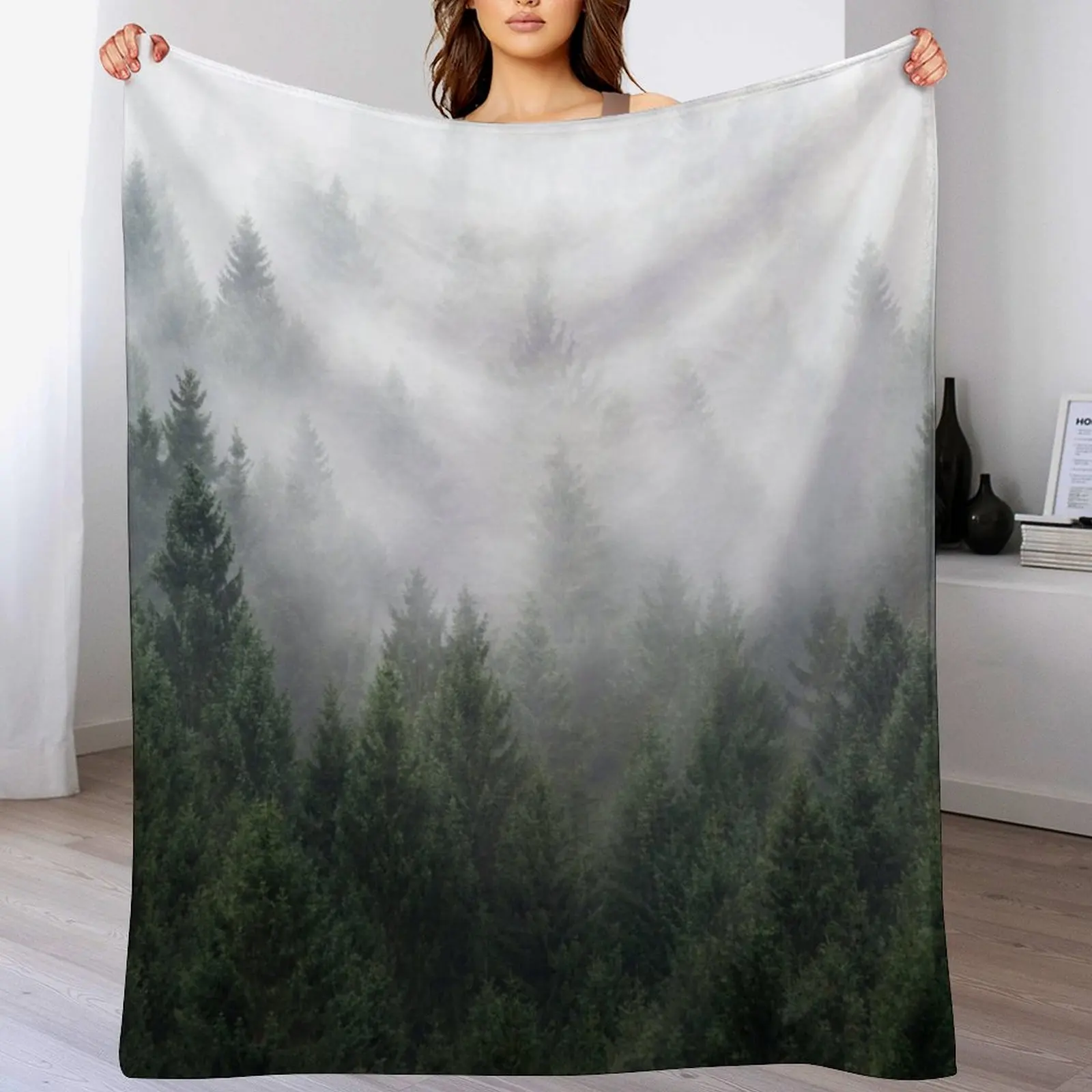 Home Is A Feeling // Misty Retro Fall Wilderness Fairytale Evergreen Forest With Trees Covered In Magic Fog Season Throw Blanket