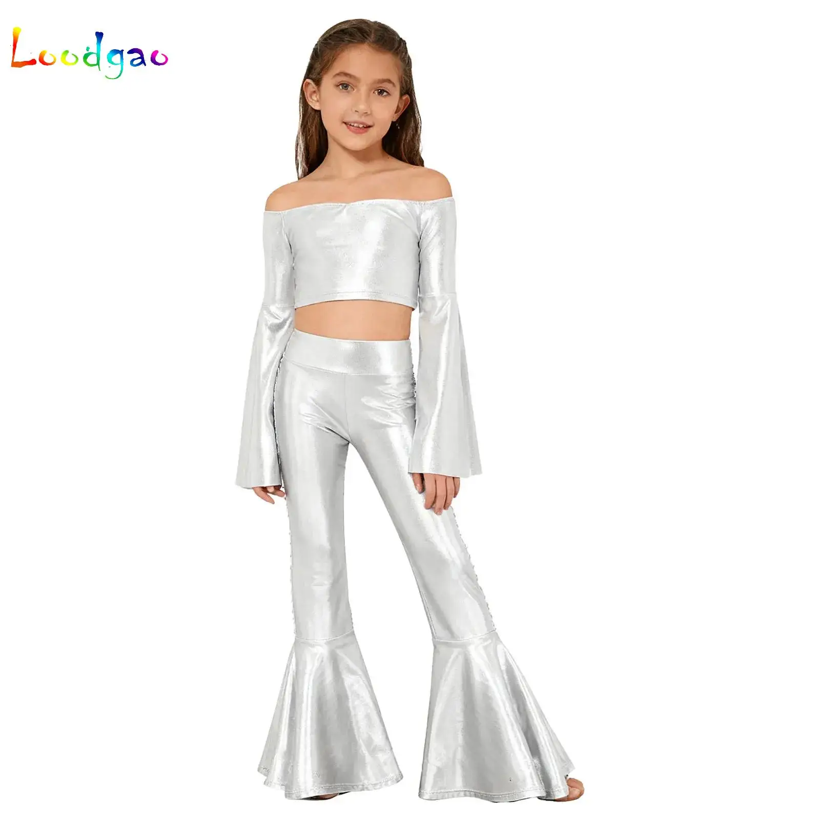 Metallic 70S Disco Vintage Hippie Costume Outfits for Kids Girl Flare Sleeve Crop Top And Bell Bottom Pants Jazz Dancewear Set
