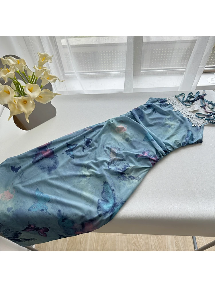 Women Graphic Print Dress Elegant Off Shoulder Sleeveless Long Lace Dress Vintage Y2k One Piece Frocks 2000s Clothes Summer 2024