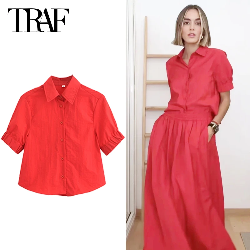 TARF Crop Poplin Shirts Women Short Sleeve Red Black Blouse Summer 2024 Solid Single Breasted Top Chic And Elegant Women Blouse