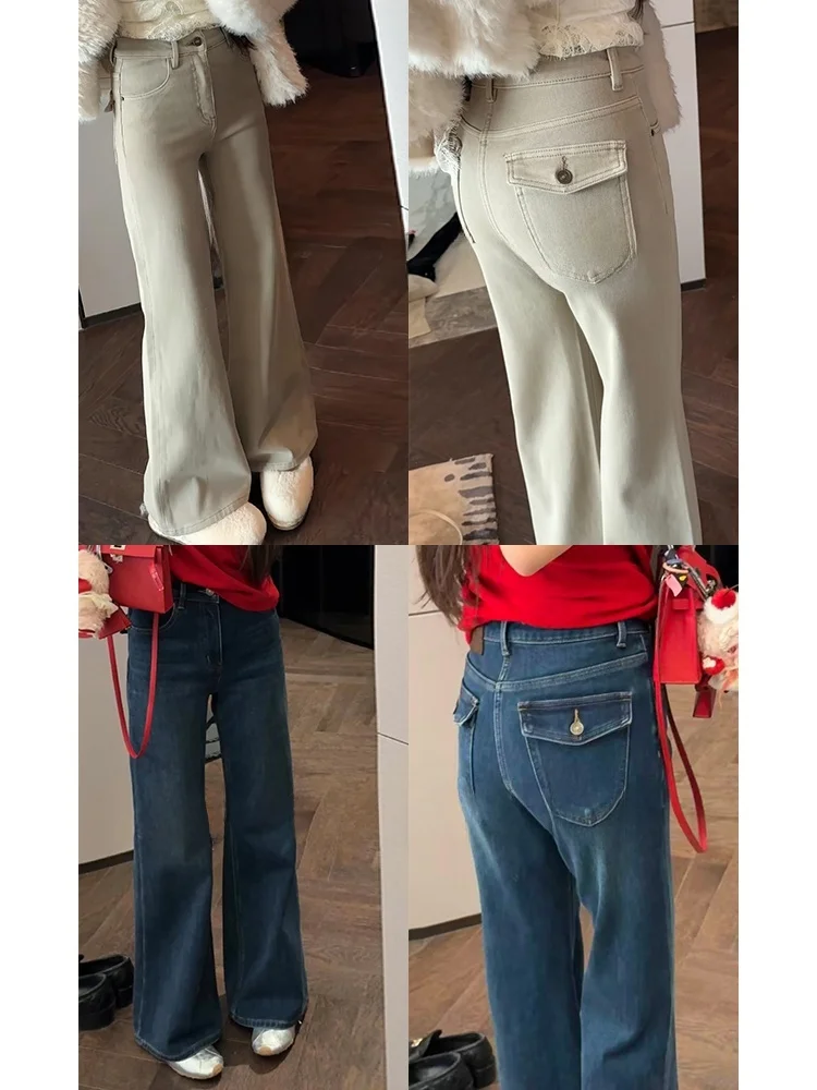 

Джинсы Thiened Fce для женщин, осенне-зимние, в стиле ретро, для повседневной носки, облегающие, теплые, длинные брюки со средней посадкой на талии