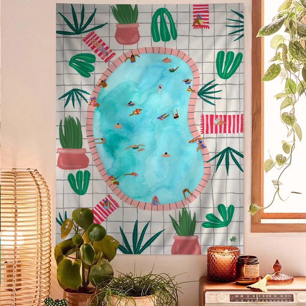 VIKAMA Summer Pool Party Tapestry Cartoon Fun Swimmer Aesthetic Gradient Waves Living Room B&B Room Decoration