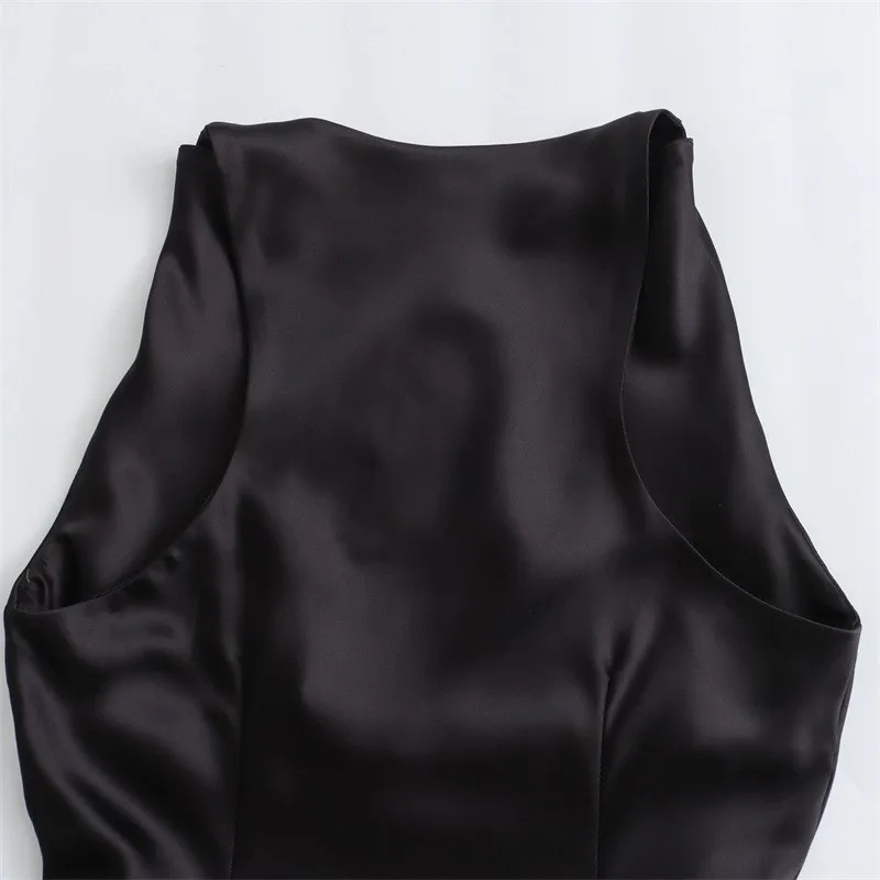 夏の女性のサテンロングドレスファッションノースリーブエレガントなイブニングパーティードレス