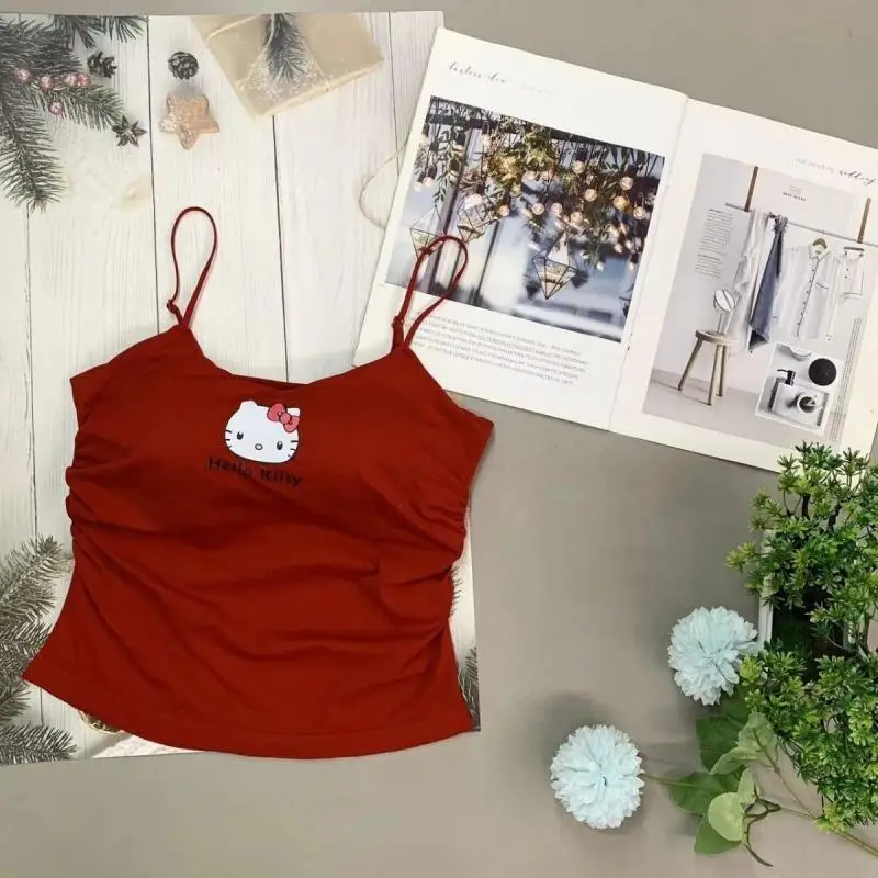 

Sanrio Hello Kitty Camisole Y2K Топы на бретелях для девочек Летняя мода без рукавов Горячие девушки Нагрудник Плиссированный дизайн Нижний вид Тонкий
