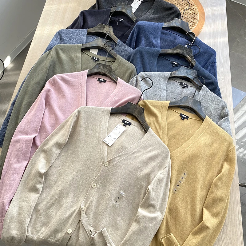 

Кардиган унисекс из льняной пряжи с V-образным вырезом, вязаный, с открытыми рукавами, повседневный, на пуговицах, для осеннего сезона