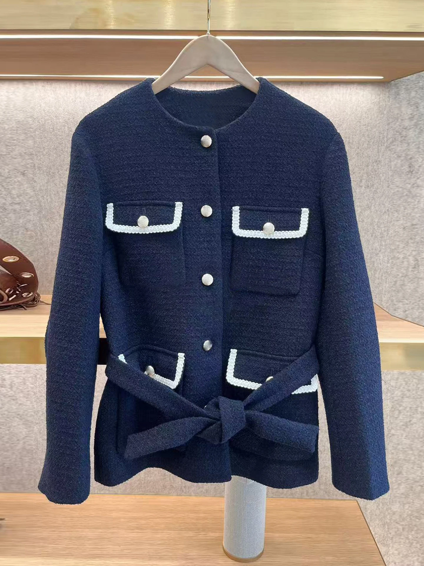 

M Home Nan You Высококачественный женский осенне-зимний твидовый кардиган с поясом Small Fraance Sle Ladies Jaet