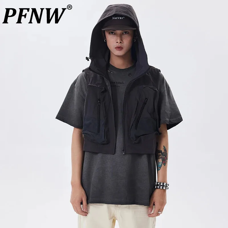 

PFNW New Men's Short Tank Tops Hooded Zipper Mesh Pockets Patchwork Tops Sleeveless Autumn Functional Design Male Vest 12C651