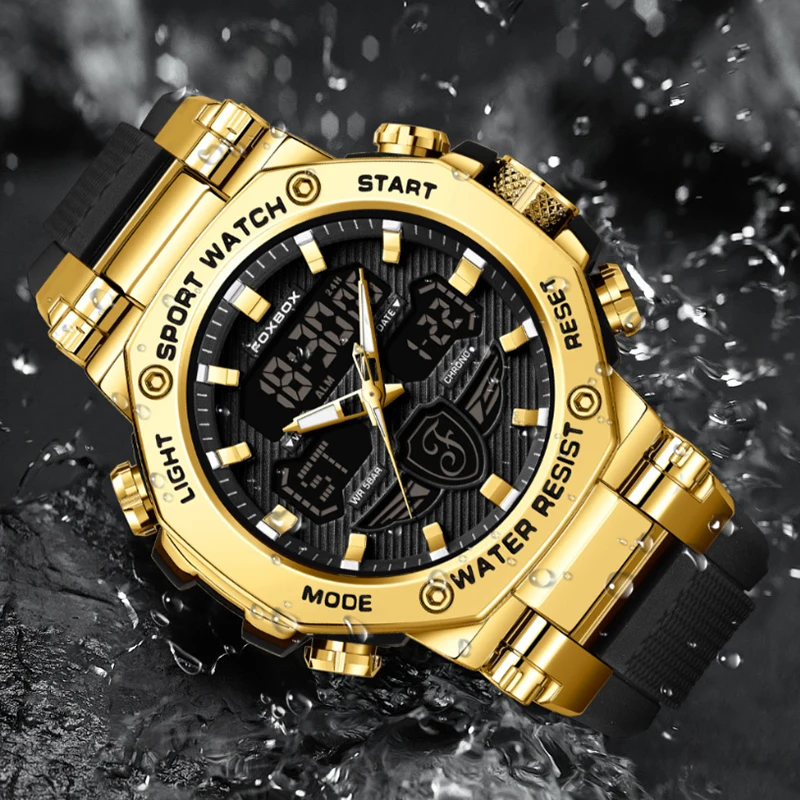 FOXBOX Sport Men Quartz Digital Watch Creative Diving Watches Men Waterproof Alarm Watch Dual Display Clock Relogio Masculino