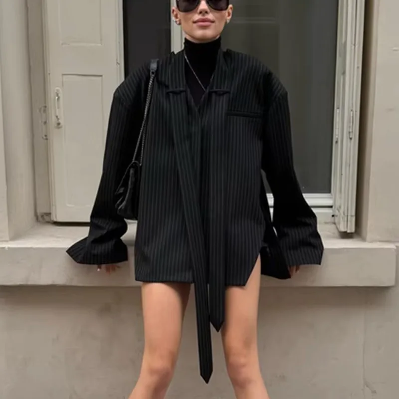 Tossy Pinstripe Blazer Women's Suit Jacket Notched Lapel Long Sleeve Open Front Office Work Street Loose Fit Spring Blazer 2026