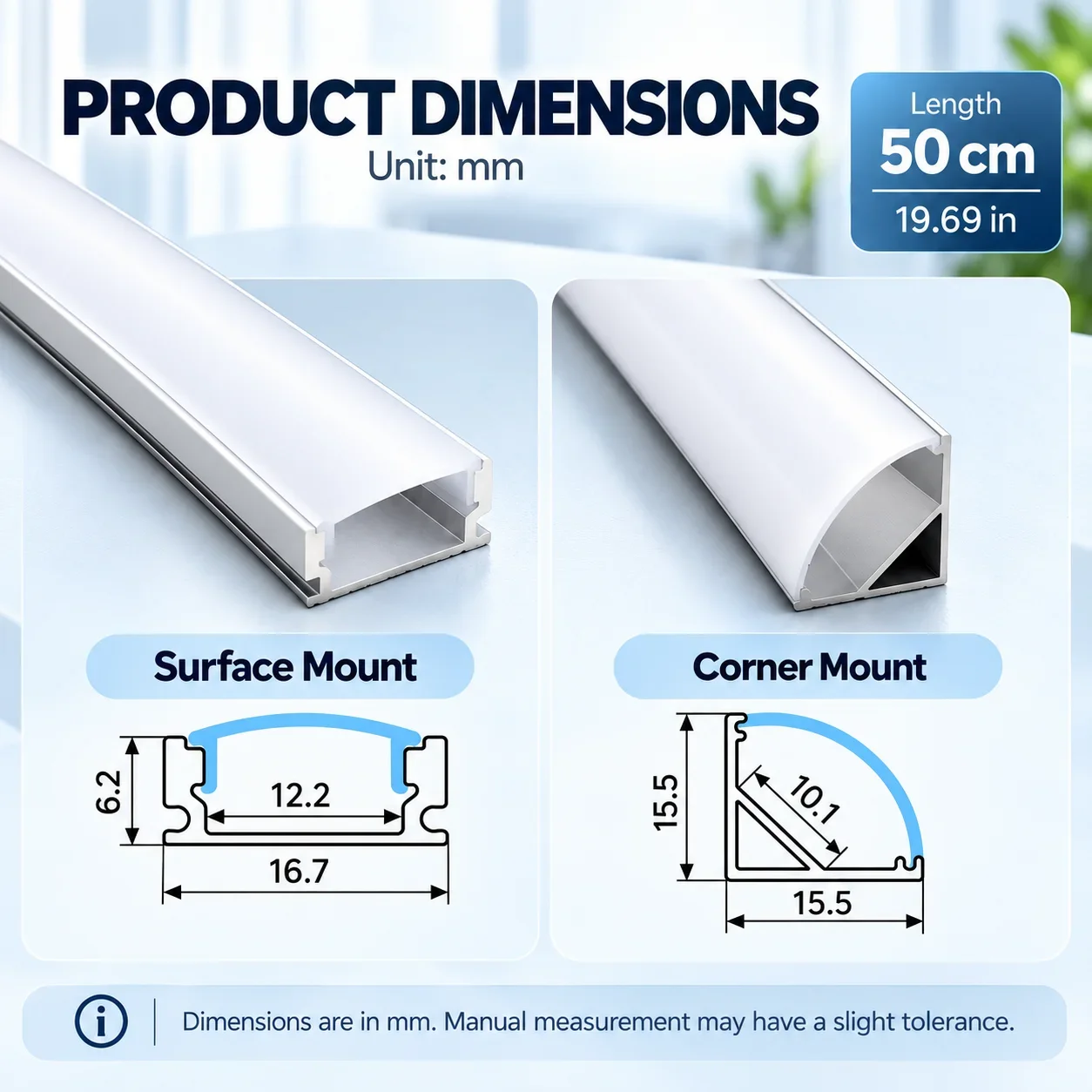 LED Strip Aluminum Profile 50CM Recessed Surface Mounted Aluminium Channel with Diffuser PC Cover