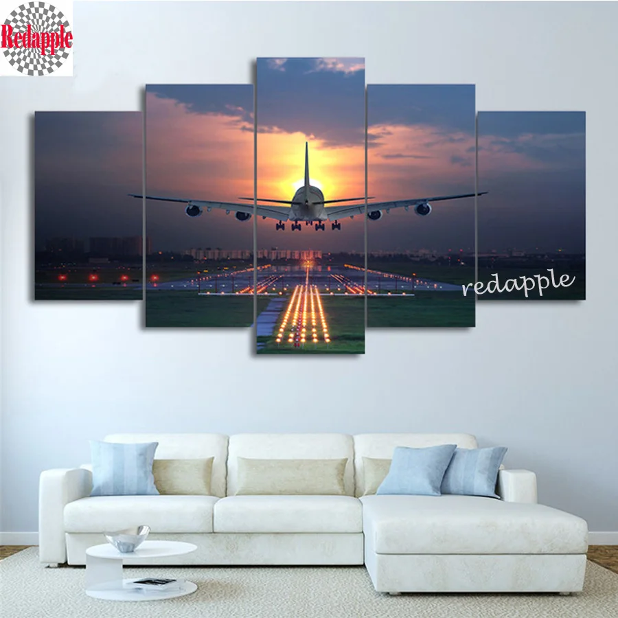 DIY Diamond Painting Cross Stitch, Airplane, Sunset, Landscape, Multi-pictures, Home Decor, Embroidery Pattern, 5D, 5Pcs Set