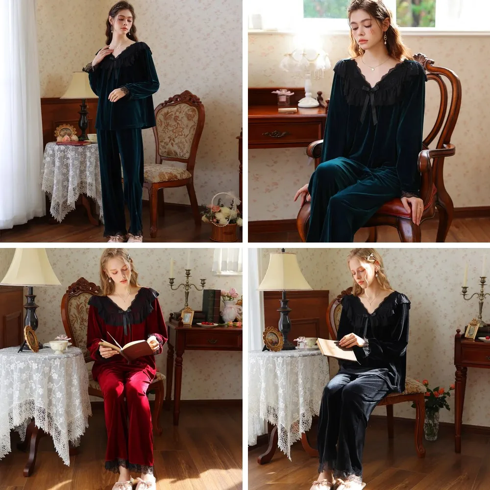 

French Retro Velvet Pajamas Set for Women, Winter Warm Bow Lace Long Sleeve Loose Homewear