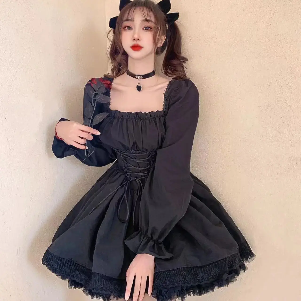 

Skirts Vestidos Dresses Woman Long Sleeves Goth Aesthetic High Waist Bandage Lace Skirt Girl Party Gothic Clothes Slim Fit Sexy