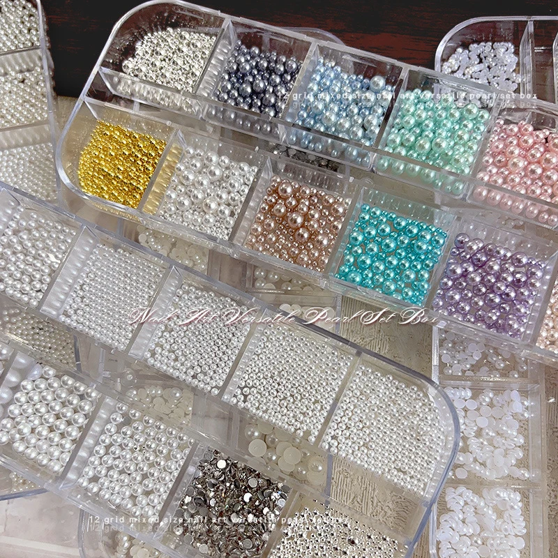 ● 12 rejillas/caja de perlas redondas de colores, abalorios para uñas, cuentas de Caviar, joyas para uñas, gemas de perlas semicirculares, decoración artística de uñas DIY