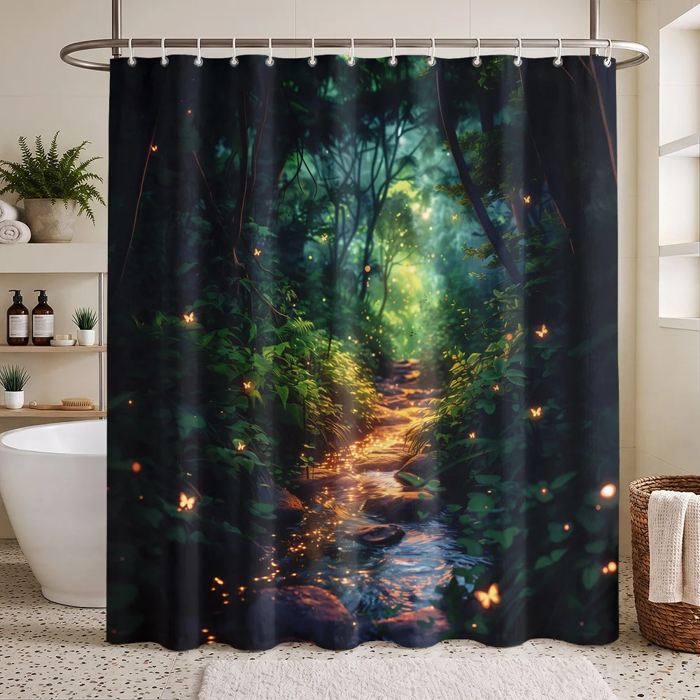 Enchanting Forest Stream Shower Curtain Waterproof Bathroom Decor 2D Print Nature Scene ,Rod Pocket Blackout Curtains Bedroom