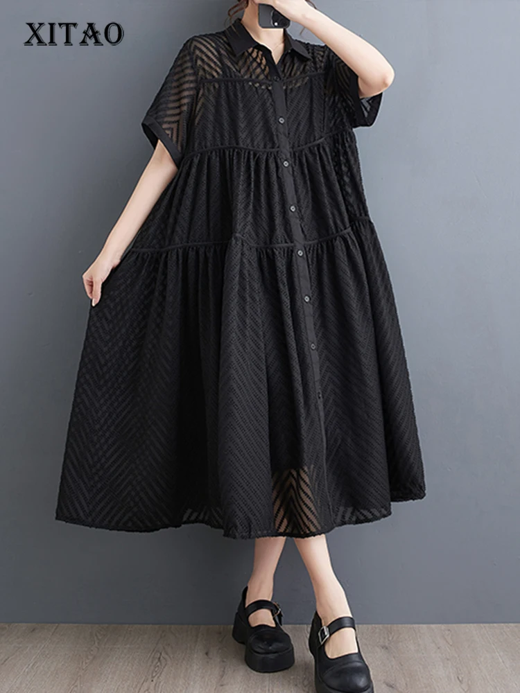

XITAO Hollow Out Single Breasted Two-piece Dress Casual A-line Turn-down Collar Korea New Arrival Fashion Women Dress ZMY1144