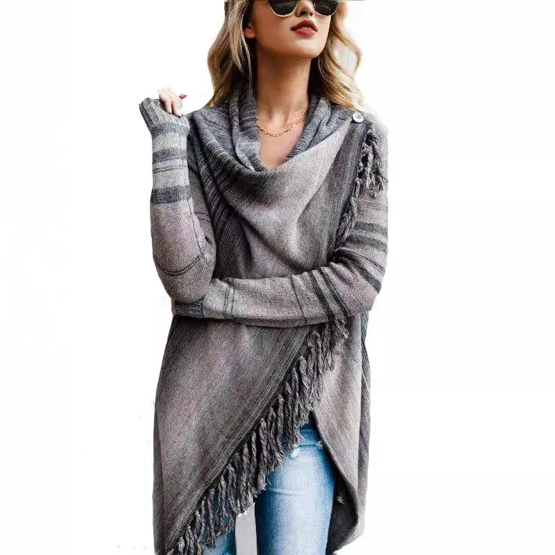 Faion Fringe Knitted Sweater Coat Women's Autumn Winter Clothes Cross-Border Cotton Blend Fabric Knitwear Casual Sle