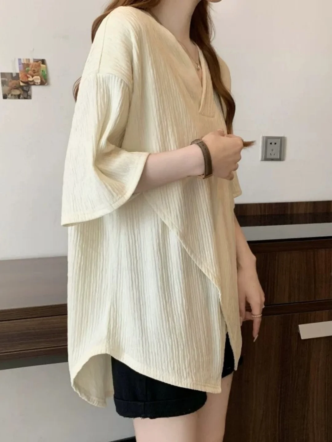 Ladies' Loose Fit V-Neck Texture T-Shirt plus Size Korean Style Casual Cross Splicing Top Slimming Effect Summer Short Sleeve