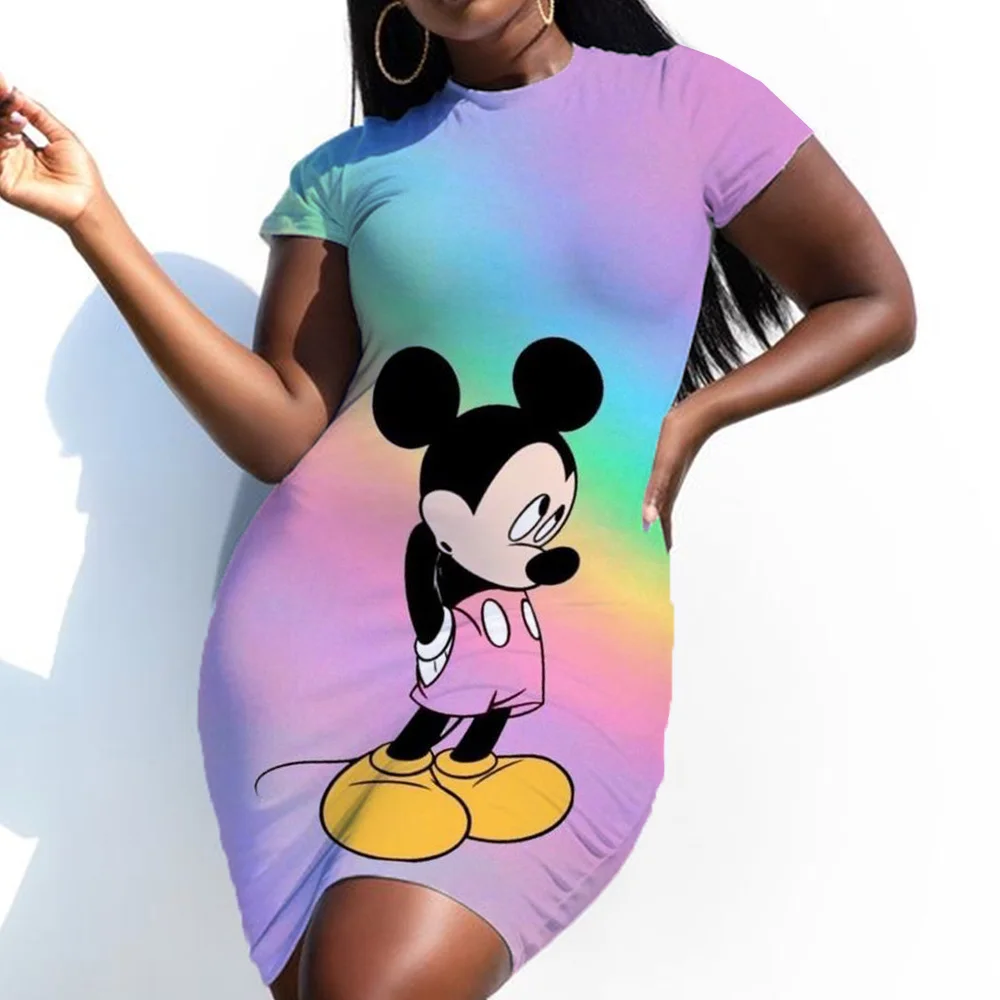 Elegant Dress Disney Mickey Mouse Woman Dresses Office Long Sleeved Slim fit Mini Skirt Women\'s Round Neck Pleated Party Pleated