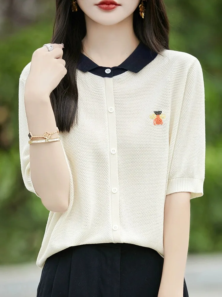 Ele geborduurd zwaar werk Ne gebreide ort Sve dunne zomerbovenkleding zijden f Sve top voor dames