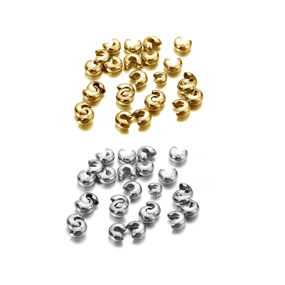50Pcs 3/4/5mm Stainless Steel Round Crimp End Cover Stopper Spacer Beads Loose Metal Beads for DIY Jewelry Making Accessories