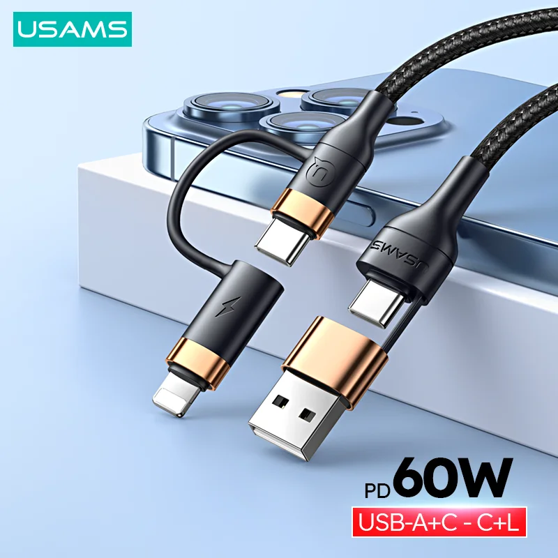 USAMS U62 4in1 60W PD USB C Cable For iphone 14 13 12 Pro Max USB To Type C To Type C Fast Charging For ipad Samsung Xiaomi