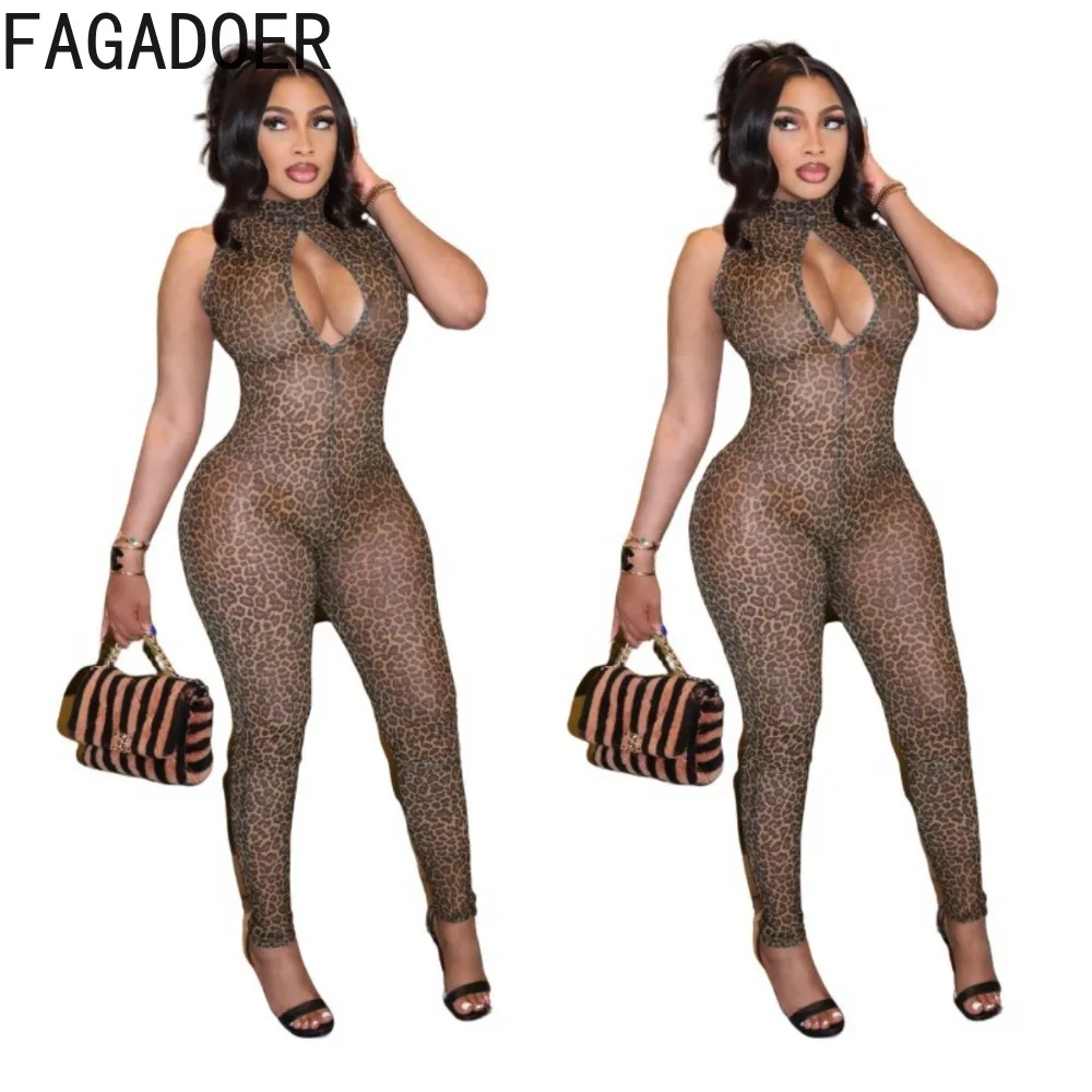 FAGADOER Spring New Sexy Leopard Print Jumpsuit Women Halter Hollow Out Bodycon One Piece Rompers Female Party Club Streetwear