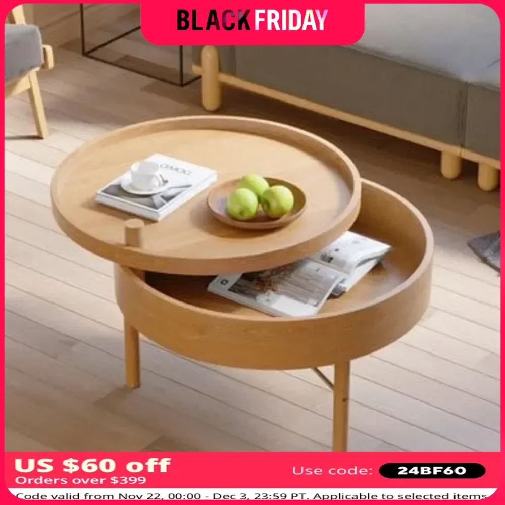 Coffee Table with Hidden Storage, Solid Wood Legs, Metal Support Frame, and Swivel Top, Round Rotating Coffee Table