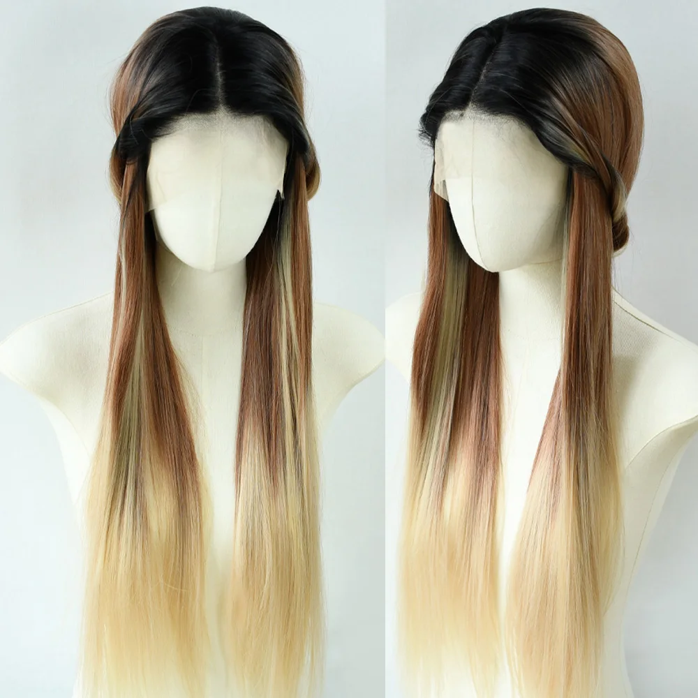 Ombre Brown Blonde Bone Straight Lace Front Wig 13x4 HD Lace Frontal Wig Synthetic High Quality Daily Wear Cosplay for Wemon