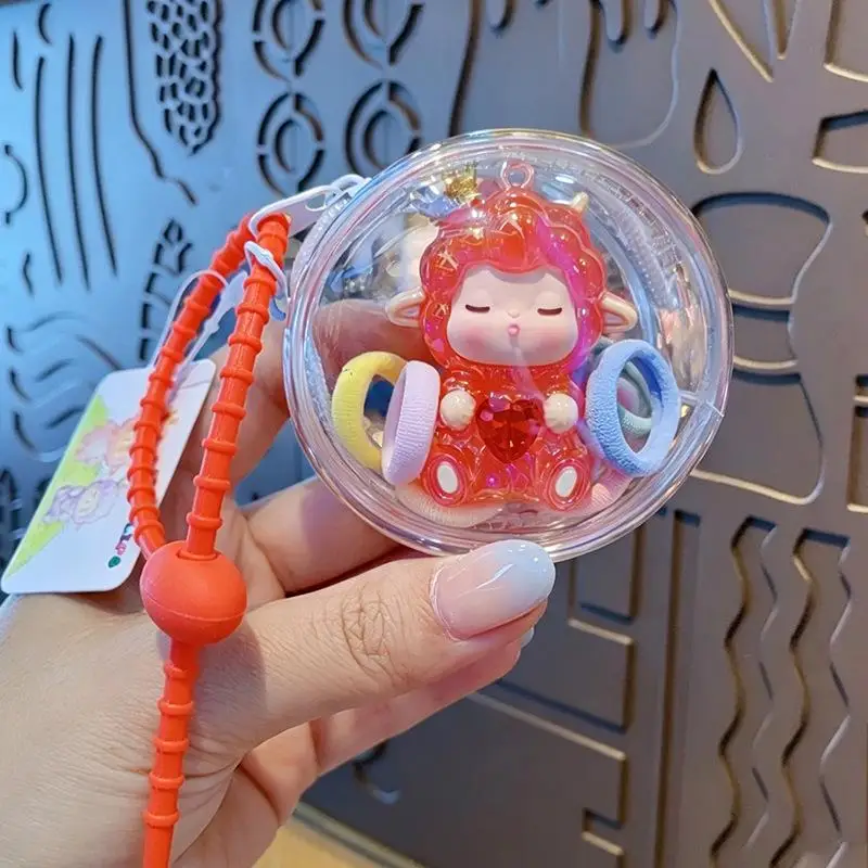Cute Cartoon Lamb Doll Bag Pendant With Colorful Hair Ties And Transparent Case Great For Backpack Decoration Girls Gifts
