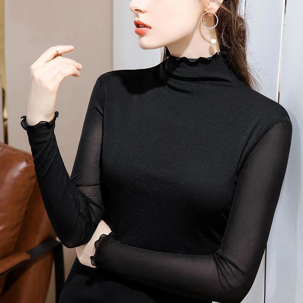 High Neck Sheer Mesh Top Women Long Sleeve Turtleneck T-shirt Korean Sexy See Through Black White Red Purple Shirt S-2XL