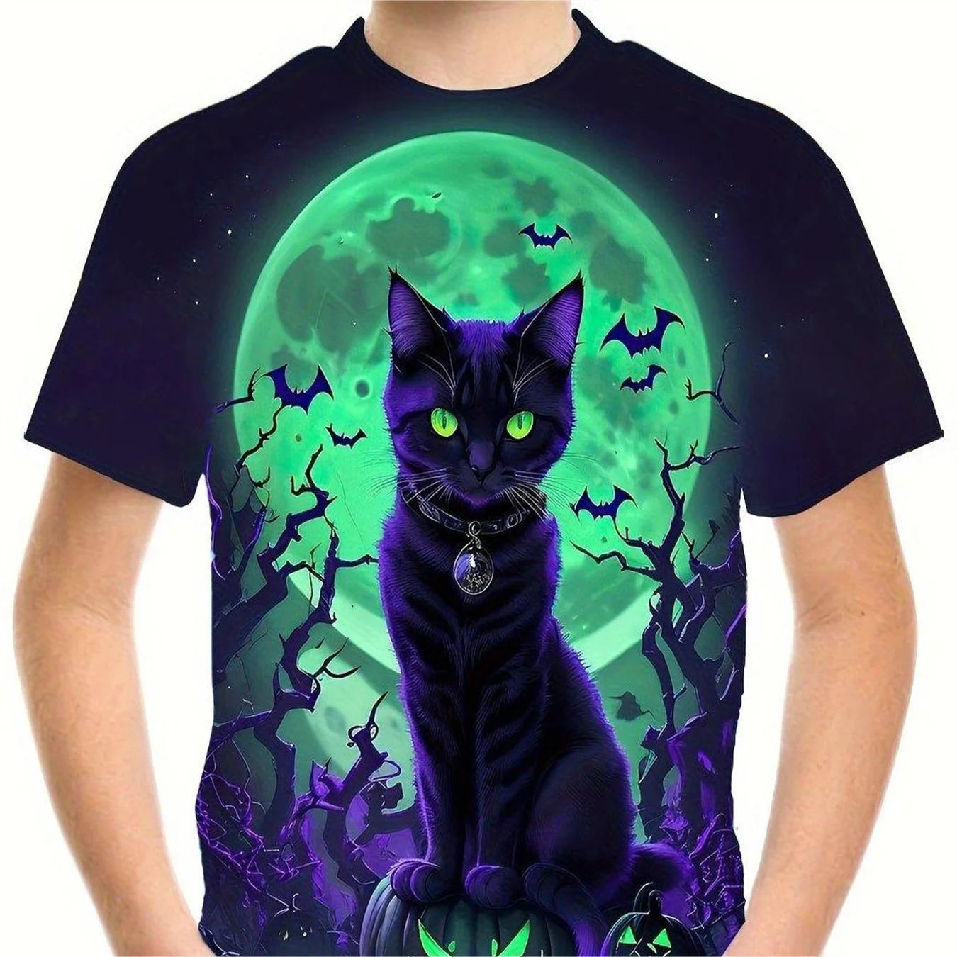 Kaus lengan pendek anak laki-laki, baju musim panas anak perempuan, kaus leher O, motif Halloween Lucu