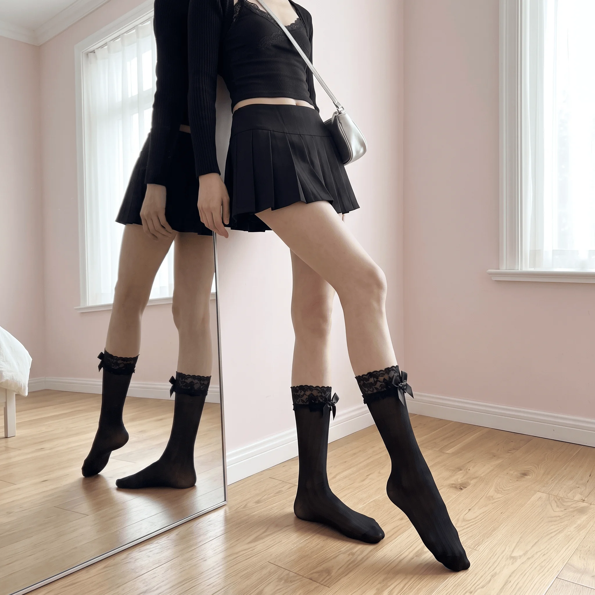 2026 Moon Girl Japanese JK Sweet Lace Mid-Calf Stockings, Bow Decor Ruffled Edge Slim Fit Calf Hosiery For Girls, Thin Elegant Sheer Socks, Versatile Fashion Leg Socks For Daily School Outfit Matching.