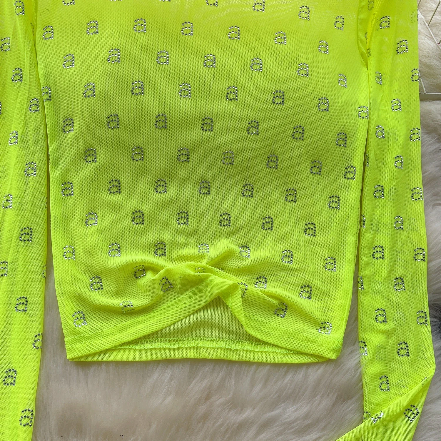 Women Chic Sheer Long Sleeve Gauze Letter Rhinestone Solid Slim Sexy Korean T-shirt Fashion Summer Women Casual O-Neck