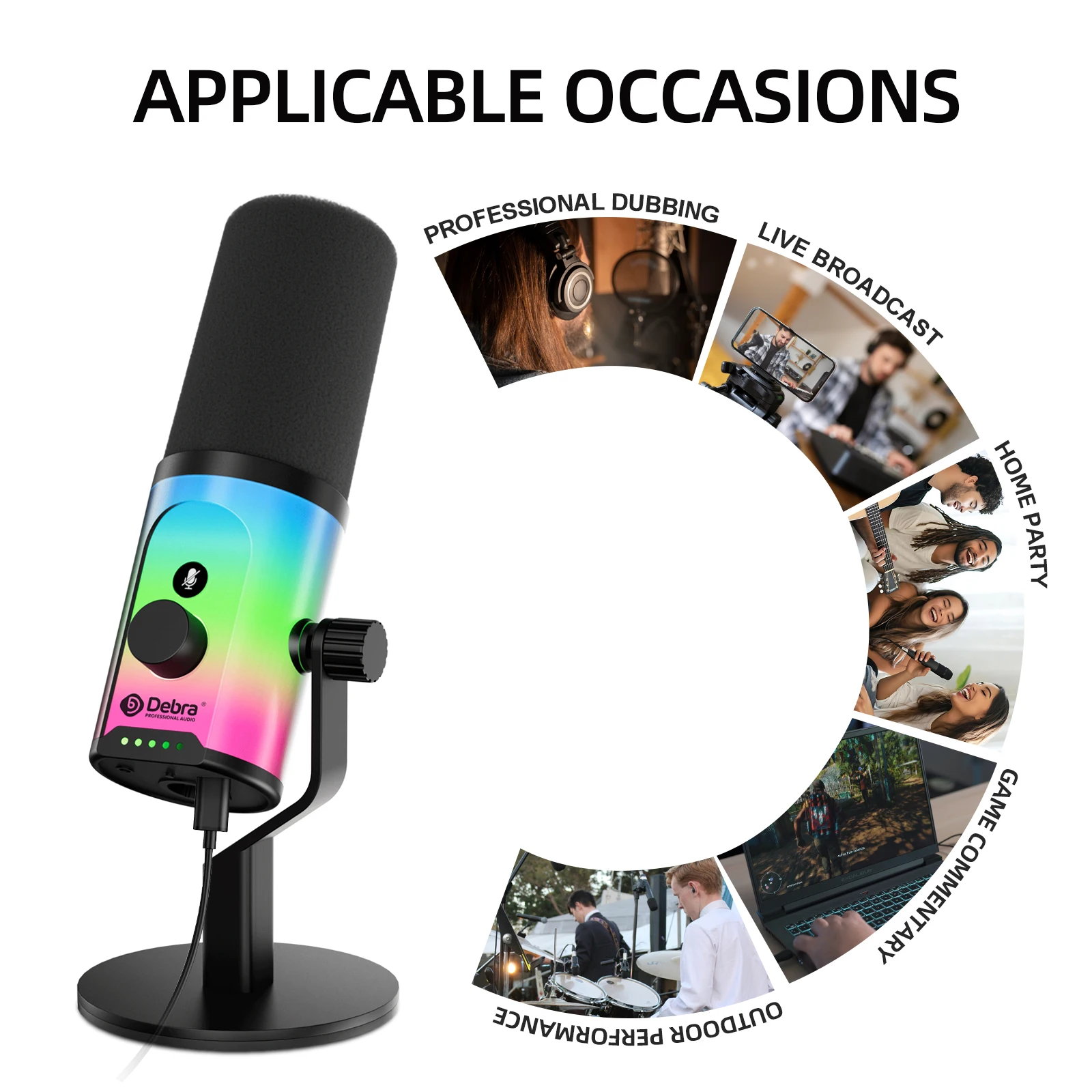 ميكروفون سطح المكتب Debra USB/XLR ثنائي الوضع لبطاقات الصوت وخلاطات الهواتف وأجهزة الكمبيوتر وتأثيرات الإضاءة الديناميكية RGB