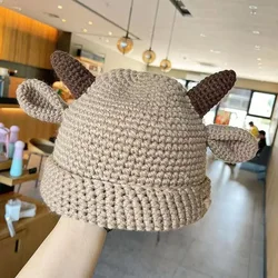 Horns Kawaii Knitted Hat Winter Sweater Warm Hats All-match Fashion Japanese Cap Students Cold Hat Tide Cute Funny Lovely Cap