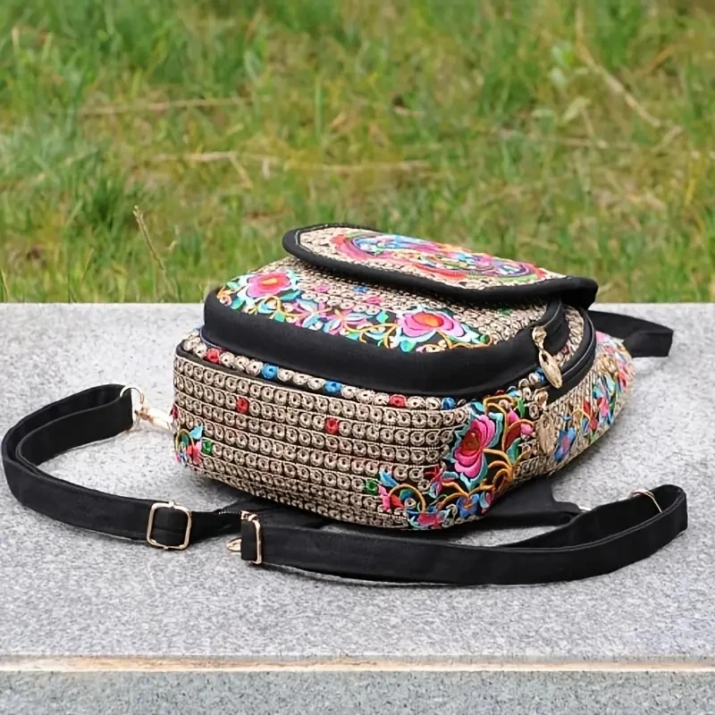 Handmade Embroidered Design Canvas Backpack Women Small Ethnic Rucksack Knapsack Female Travel Multifunction Shoulder Chest Bag