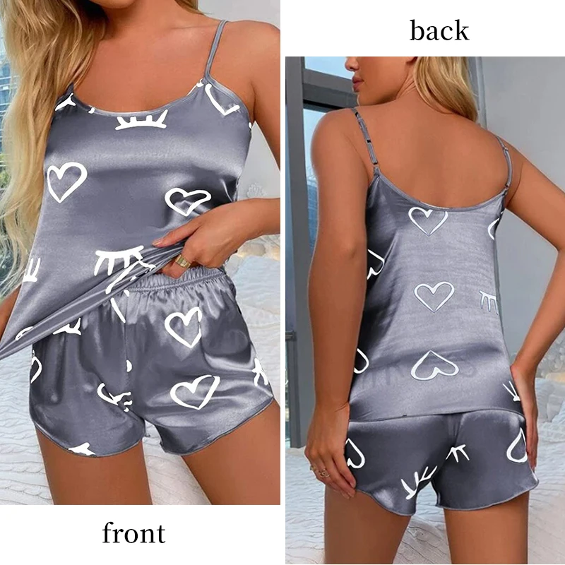 Women's Heart-Printed Two-Piece Pajama Set Gray Sexy Camisole Vest And Shorts Fashionable Sleepwear Comfortable Nightgown