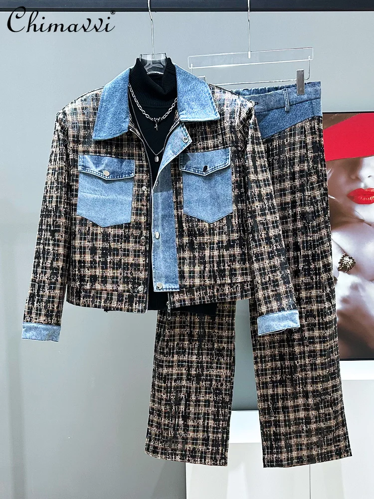 

2026 Spring Fashion Casual Men's Clothe Sets Denim Spliced Plaid Jacket High Waist Wide Leg Long Trousers Two-Piece Set for Men