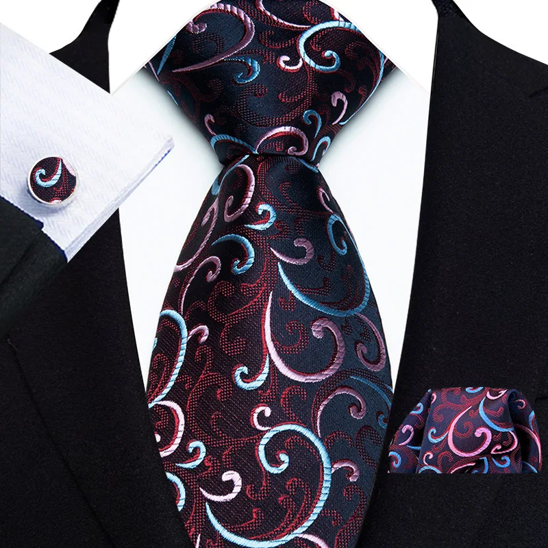 Classic Mens Necktie Black Silver Striped Floral Paisley Ties Pocket Square Cufflink Set Suit Wedding Business Gift For Men