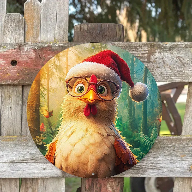

Room Decor 1pc Festive Cartoon Chicken In Santa Hat Round Wall Art, 8x8inch Aluminum Metal, Holiday Decor For Home, Living Room,