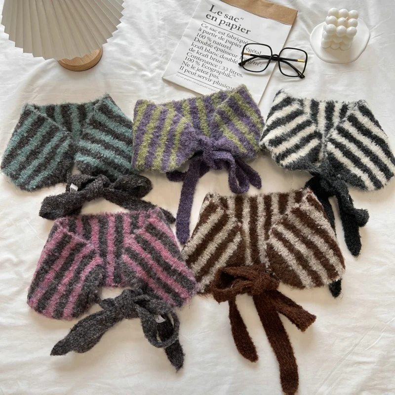 Vintage Stripe Knitted Small Scarf Fashionable All-Match Small Earflaps Warm Wool Shawl