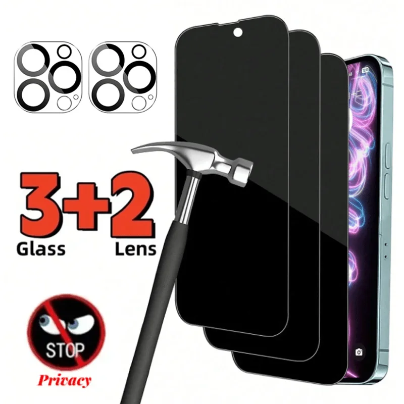 Lot de 3+2 films de protection d'écran anti-espion pour Apple 17 avec autocollants pleine écran et 2 films protecteurs d'objectif, protection contre les chutes 18/16/15/14