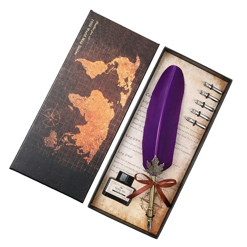 

Creative Craft Quill Retro Varved Stainless Steel Water Pen Signature Gift Quill Set Hot Selling Fountain Pen Ink Feather Pen