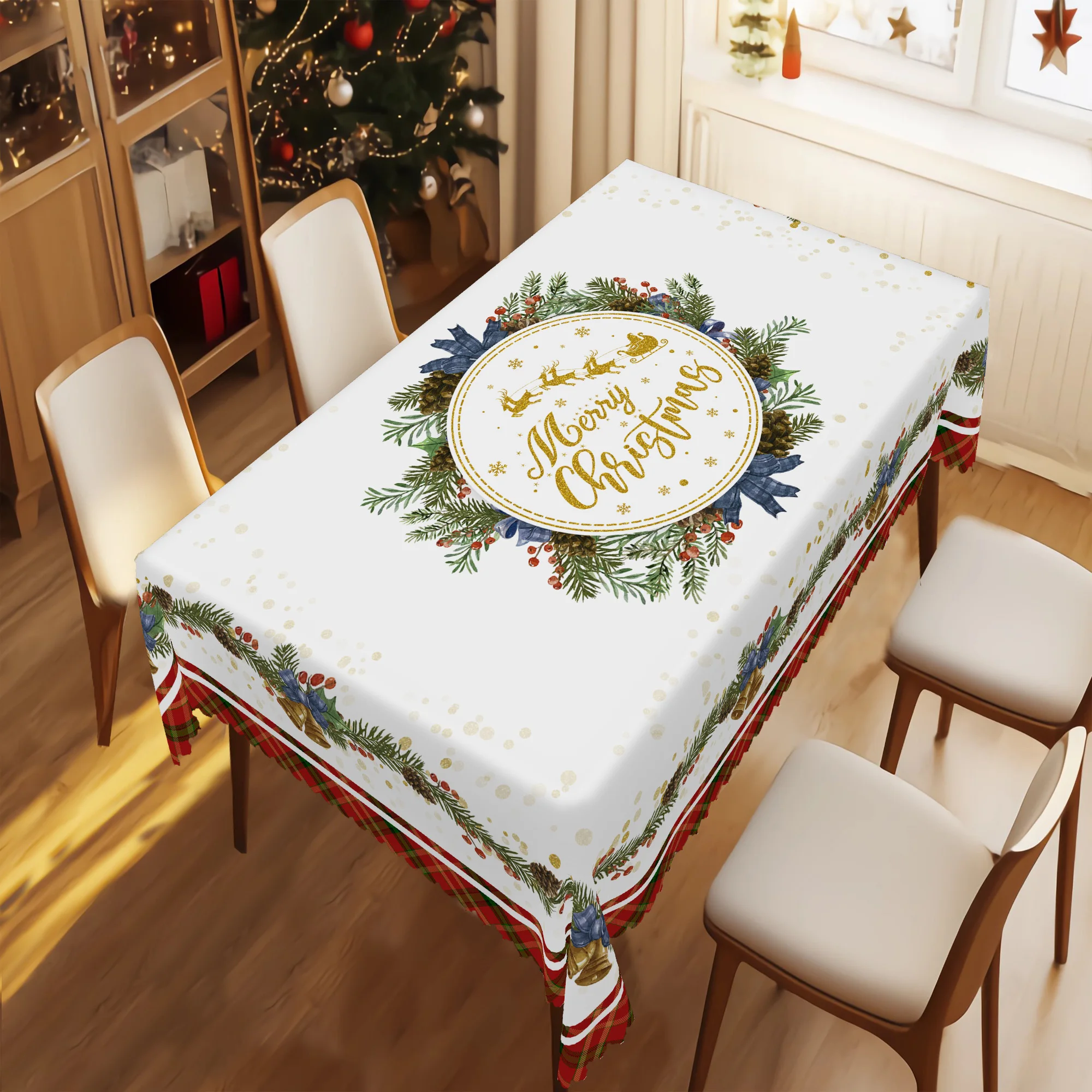 1 Stück runde und rechteckige Weihnachtstischdecke, in verschiedenen Größen erhältlich, mit schneereichem Weihnachtsgeschenk-Motiv, Tischdecke zur Partydekoration, bedruckte Tischdecke, Tischdecke für