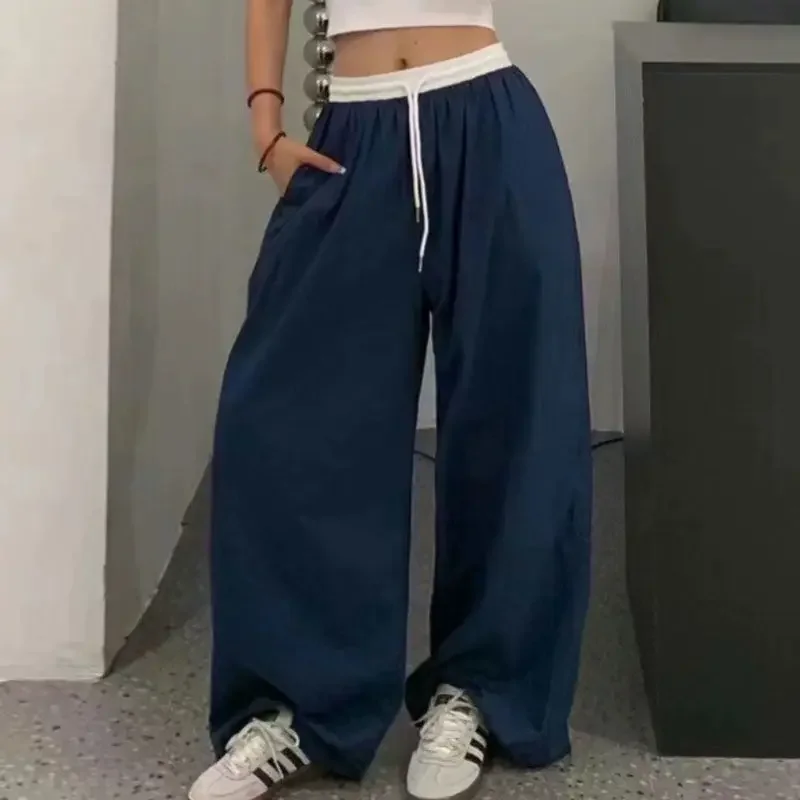 QWEEK Y2k Vintage Oversized Woman\'s Sweatpants Baggy Korean Fashion Casual Pants Wide Blue Thin Trousers America Retro Patchwork