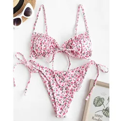 Bikini rosa con Tanga para mujer, bañador de flores de cintura baja, Bikini triangular con Push-Up, traje de baño 2024