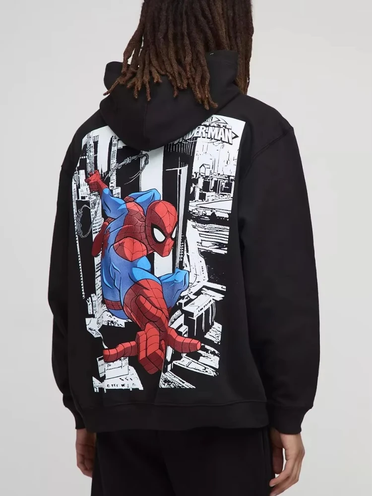 Marvel genuino 2026 nueva moda Retro Spiderman cómic estampado gráfico de talla grande suéter con capucha para hombres Top térmico suelto